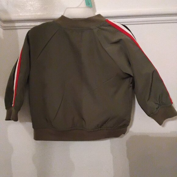 Baby Boys Bomber Jacket – Olive Green with Racing Stripe Sleeves (6–9 Months) - Picture 2 of 2